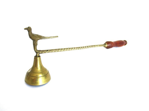 Antique Brass Candle Snuffer with bird, wooden handle