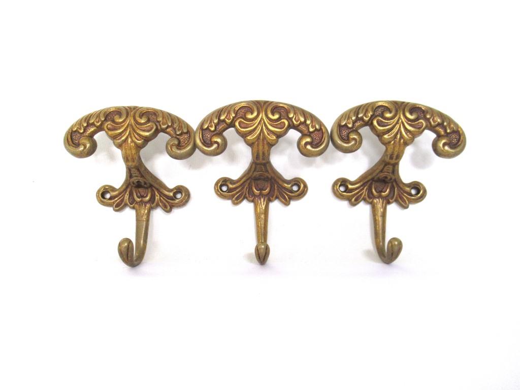 Set of 3 pcs Solid Brass Ornate Wall hook, Coat hook, Victorian Style hook made in Italy, Coat rack supply, storage supply.