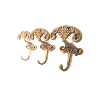 Set of 3 pcs Solid Brass Ornate Wall hook, Coat hook, Victorian Style hook made in Italy, Coat rack supply, storage supply.