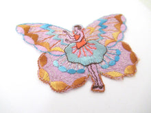 Rare Antique Fairy Applique 1930s, Flapper girl, Silk on Cotton, butterfly, patch.