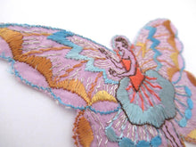 Rare Antique Fairy Applique 1930s, Flapper girl, Silk on Cotton, butterfly, patch.