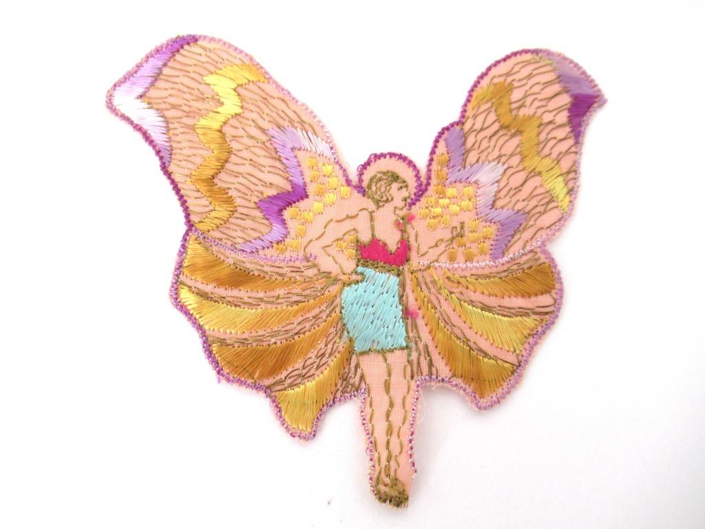 Rare Antique Fairy Applique 1930s, Flapper girl, Silk on Cotton, butterfly, patch.