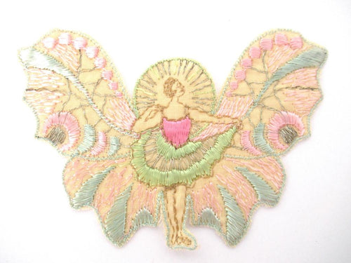 Rare Antique Fairy Applique 1930s, Flapper girl, Silk on Cotton, butterfly, patch.