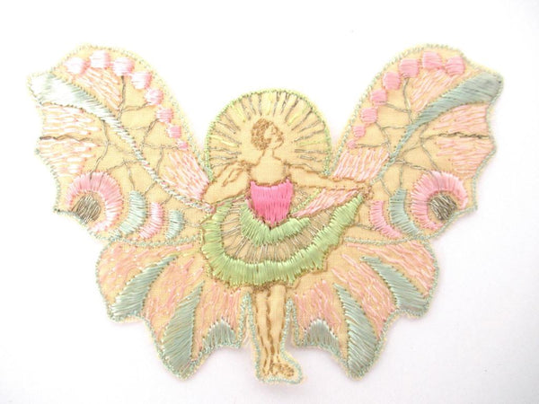 Rare Antique Fairy Applique 1930s, Flapper girl, Silk on Cotton, butterfly, patch.