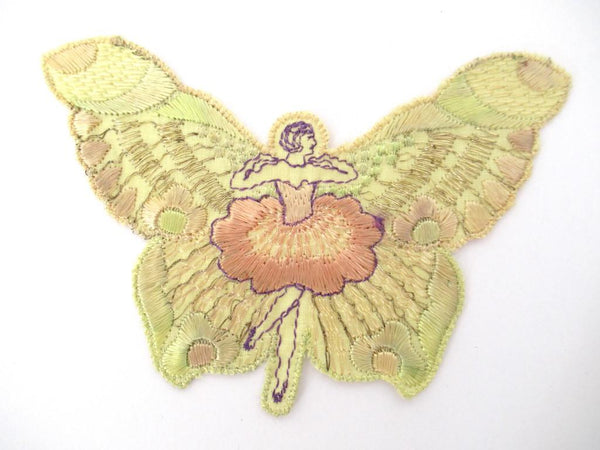 Rare Antique Fairy Applique 1930s, Flapper girl, Silk on Cotton, butterfly, patch.