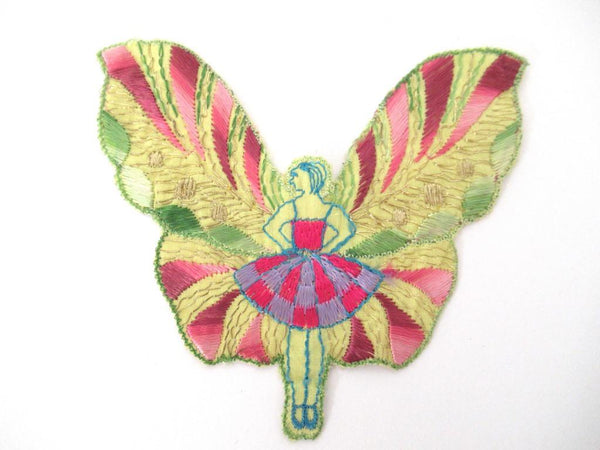 Rare Antique Fairy Applique 1930s, Flapper girl, Silk on Cotton, butterfly, patch.
