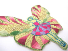 Rare Antique Fairy Applique 1930s, Flapper girl, Silk on Cotton, butterfly, patch.