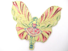 Rare Antique Fairy Applique 1930s, Flapper girl, Silk on Cotton, butterfly, patch.