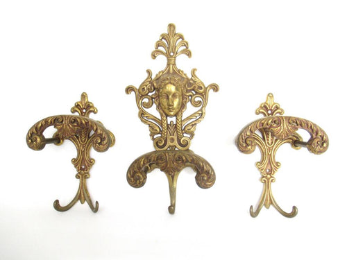 Set Antique Victorian Style Coat hooks Made in Italy, Solid Brass Ornate Wall hooks, Angel, Woman.