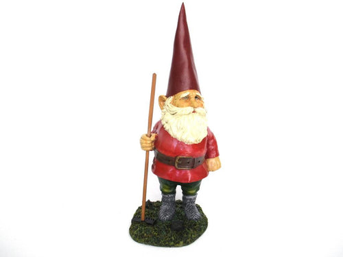 Gnome statue with broom after a design by Rien Poortvliet, David the Gnome.