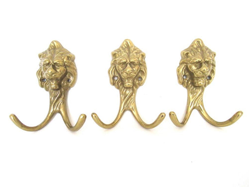 Set of 3 Brass Lion Head Coat hooks, Solid Brass.