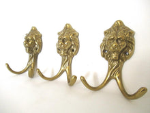 Set of 3 Brass Lion Head Coat hooks, Solid Brass.
