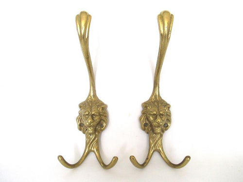Brass Lion Head Coat hooks, Set of 2 Wall hooks, lion hooks, Solid Brass.