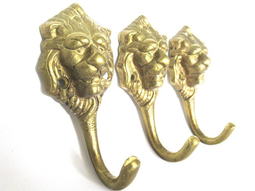 Set 3 pcs Brass Lion Head Coat hook - Wall hooks, Solid Brass hooks, Kitchen / Towel hooks.