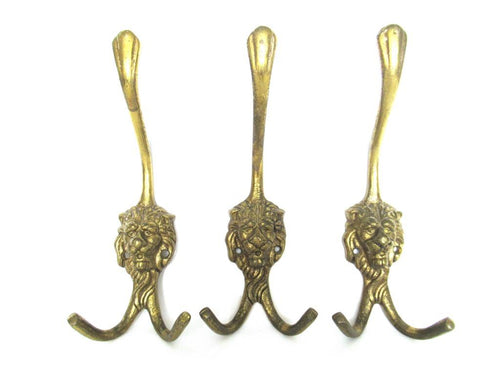 Coat hooks, Set of 3 Brass Lion Head Wall hooks