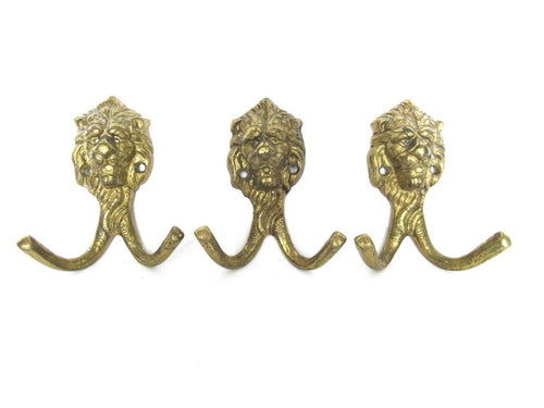 Lion Wall hooks, Set of 3 Brass Lion Head Coat hook, Wall hooks, Solid Brass.