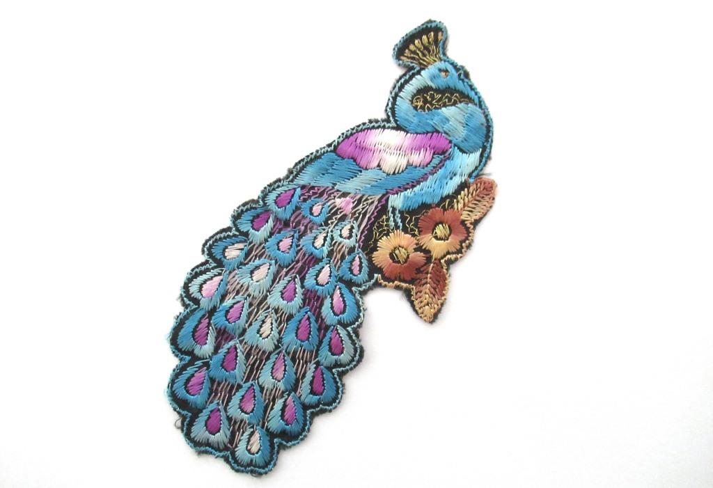 Peacock Applique 1930s Antique Embroidered Peacock applique, patch. Vintage bird patch, sewing supply.