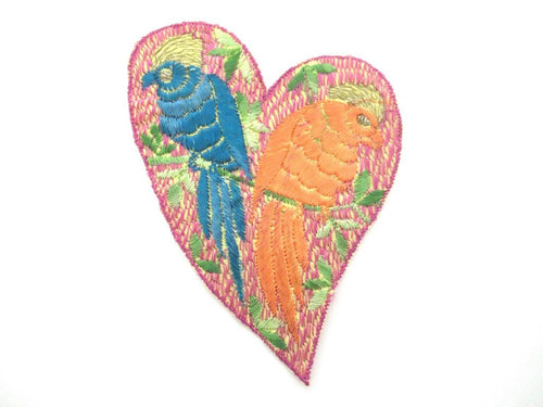 Antique Silk on Cotton Heart shaped applique with Birds, sewing supply.