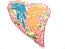 Antique Silk on Cotton Heart shaped applique with Birds, sewing supply.