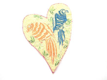 Antique Silk on Cotton Heart shaped applique with Birds, sewing supply.