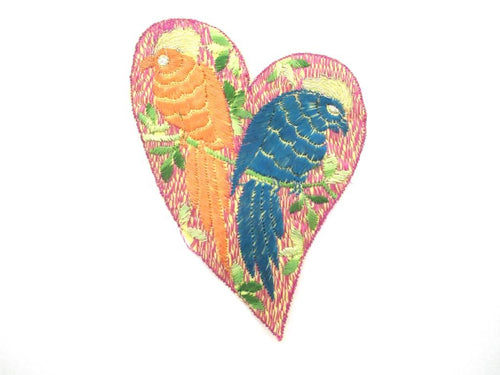 Antique Silk on Cotton Heart shaped applique with Birds, sewing supply.