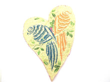 Antique Silk on Cotton Heart shaped applique with Birds, sewing supply.