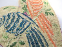 Antique Silk on Cotton Heart shaped applique with Birds, sewing supply.