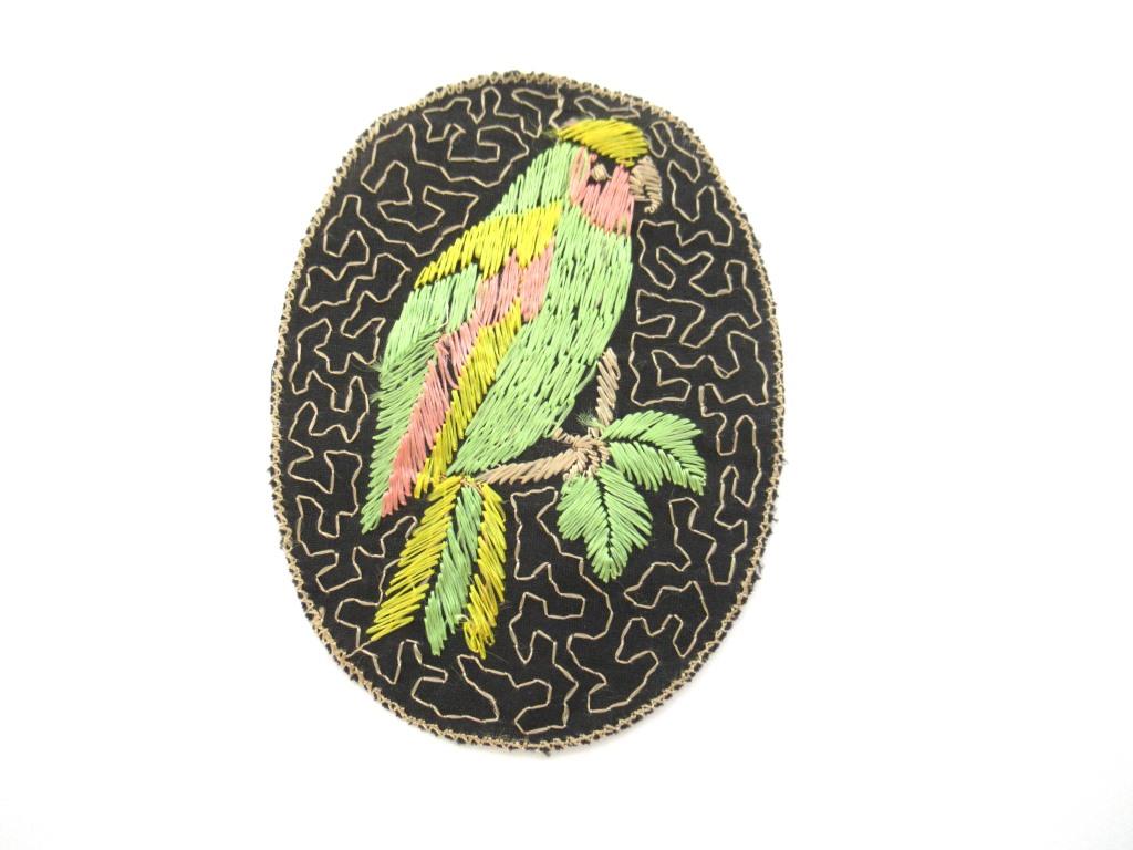 Antique Bird Parrot Applique with flowers 1930's. Vintage patch, sewing supply.