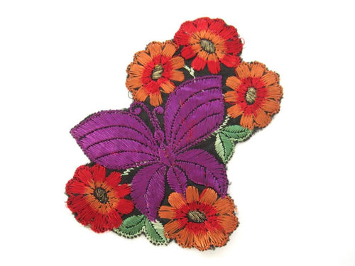 Applique, butterfly, flower patch, 1930s vintage embroidered applique. Vintage floral patch, sewing supply.