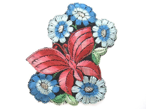 Applique, butterfly, flower patch, 1930s vintage embroidered applique. Vintage floral patch, sewing supply.