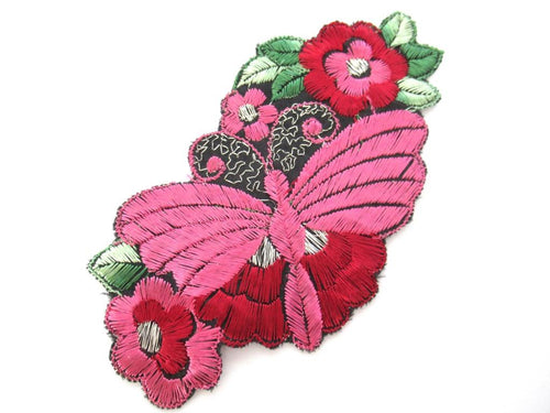 Butterfly on flower applique, 1930s vintage embroidered silk applique. Vintage floral patch, sewing supply.