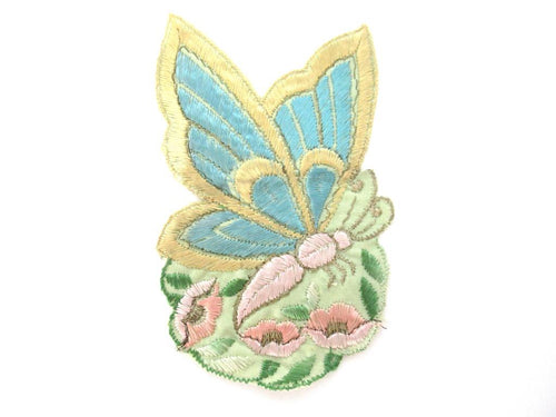 Antique Applique butterfly applique, 1930s vintage embroidered applique. Vintage floral patch, sewing supply.
