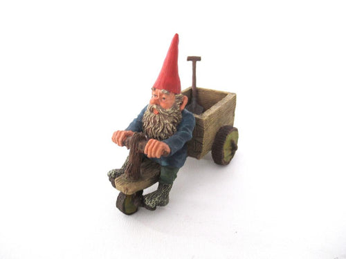 'Thomas' Gnome riding a cargo bike with shovel. Gnome figurine after a design by Rien Poortvliet. Classic Gnomes series. AAAAAAA International Co. Ltd.