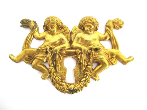 1 (ONE) Antique Brass Cherub Escutcheon, keyhole cover, frame, Furniture Applique.
