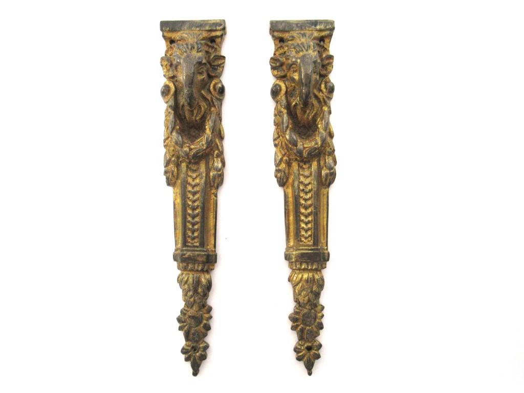 Brass Antique Ornament Furniture Applique 6 Inch, Set of 2, Decoration mount, Embellishment, Pediment, Ram, Satyr, Belier, Goat.