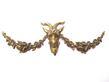 Antique Brass ornament, embellishment, pediment, ram, belier, satyr, pan, victorian, goat, roses, Width 7 INCH.