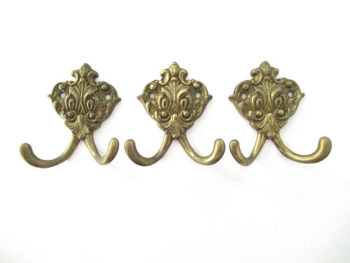 Set of 3 Small Wall hooks, Antique Coat hook, Towel hook, Kitchen hook, Solid brass.
