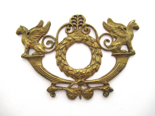 Antique Brass applique with griffins, ornament, embellishment, pediment.