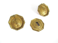 Set of 2 Antique drawer pulls and one keyhole cover, cabinet hardware.