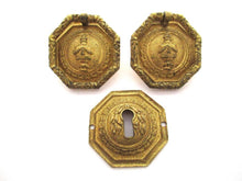 Set of 2 Antique drawer pulls and one keyhole cover, cabinet hardware.