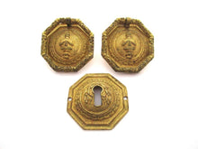 Set of 2 Antique drawer pulls and one keyhole cover, cabinet hardware.