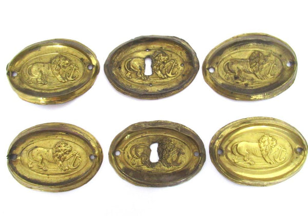 Set of 6 Brass Antique Keyhole covers. Antique Stamped, pressed Brass, Copper Ornament. Brass furniture applique.