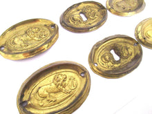Set of 6 Brass Antique Keyhole covers. Antique Stamped, pressed Brass, Copper Ornament. Brass furniture applique.