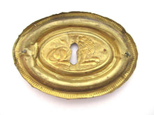 Antique Stamped, Pressed Brass, Copper Ornament. Lion, furniture applique, escutcheon, keyhole cover.