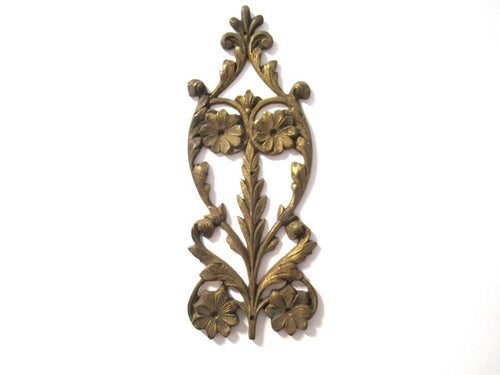 Brass furniture mount applique, embellishment, pediment, floral.