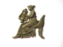 Small Brass antique applique, woman with harp, ornament, embellishment, pediment.