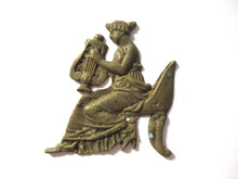 Small Brass antique applique, woman with harp, ornament, embellishment, pediment.