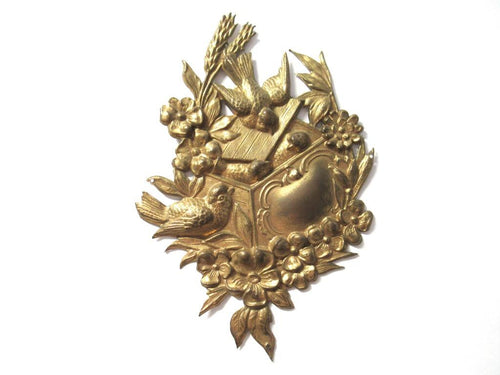 Thin Brass Stamped Embellishment with birds, pressed Ornament. Furniture applique.
