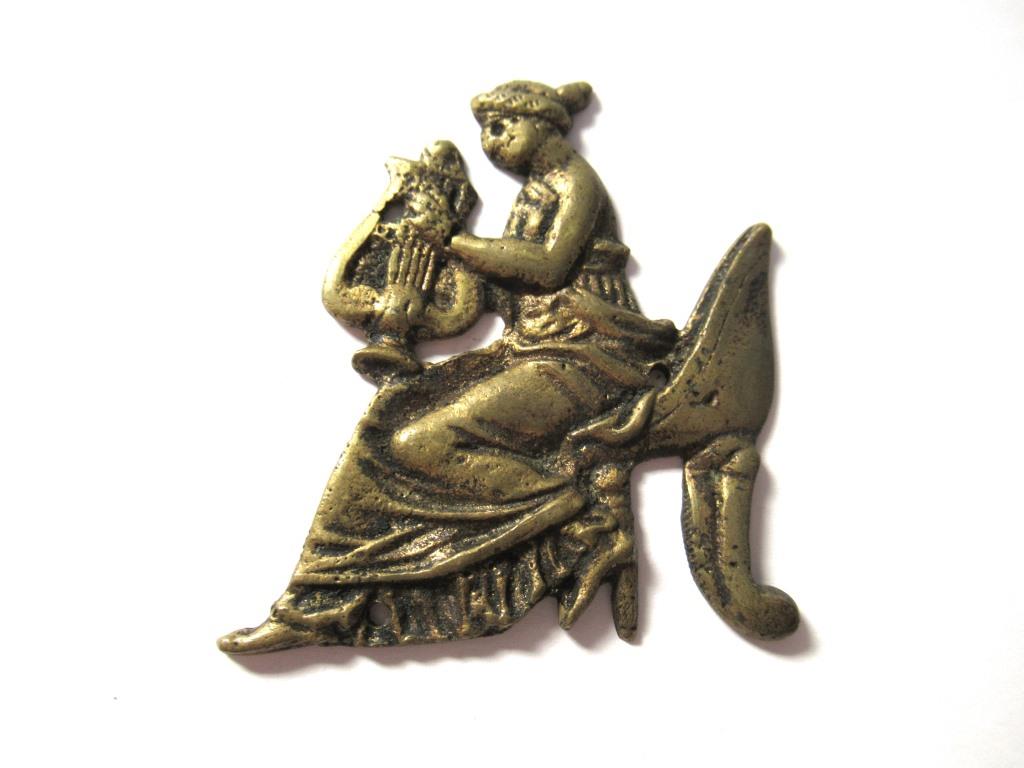 Small Brass antique applique, woman with harp, ornament, embellishment, pediment.