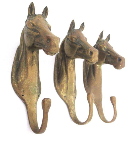 Set of 3 pcs Solid Brass Horse Head Wall hooks, Coat hooks, Hanger, horse head.